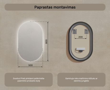 Apšviestas vonios veidrodis LED 50x80cm su šaltu LED apšvietimu 7000K, šiltu apšvietimu 3000K arba neutraliu apšvietimu 4500K #7